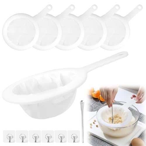6 coladores finos para cocina con asa, 80/100/120/200/300/400 malla, colador de pelo de cocina con 6 ganchos y 1 varilla agitadora, colador de plástico, kéfir, filtro de embudo ultrafino para zumo