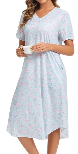 Image of Kabento Nightgowns for Women Cotton Short Sleeve Long Night Gowns with Pockets