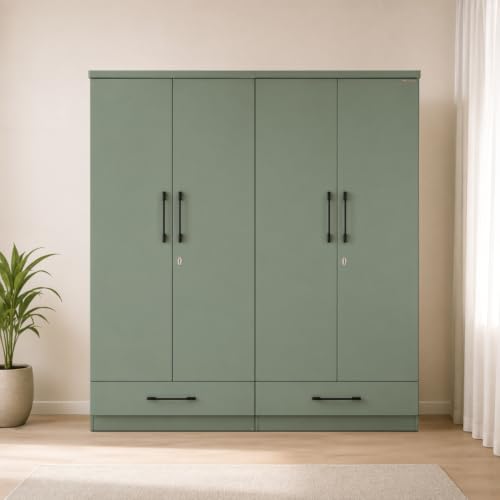 Image of 4 Door Wooden Wardrobe for Bedroom, Green, 78 x 72 x 19 Inch