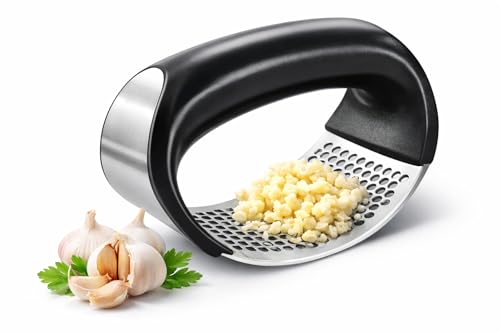 Handheld Garlic Press Stainless Steel Rocker with Ergonomic Handle for Smooth Garlic Paste Over Cutting Board Or Bowl Easy Clean Kitchen Tool for Fast Everyday Cooking Prep