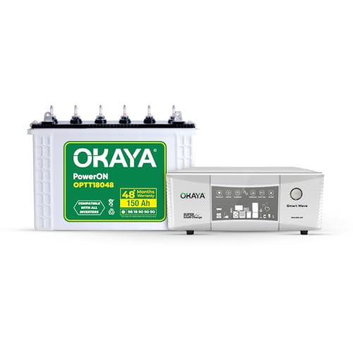 Okaya Inverter & Battery Combo (Smart Wave QSW 850 Quasi Sine Wave 600VA/12V with PowerUP OPTT18048 150Ah/12V) Inverter with Battery for Home, Office & Shops