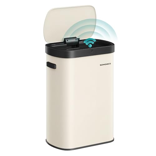 SONGMICS Mülleimer mit Sensor automatischer Abfalleimer 50 L Öffnen per Handbewegung oder Berühren Softclose-Deckel Stahl inkl. 15 Müllbeutel cremefarben LTB640AZ02