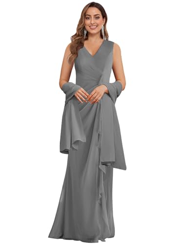 Women's V Neck Mother of The Bride Dress with Shawl Chiffon Long Formal Wedding Guest Gowns