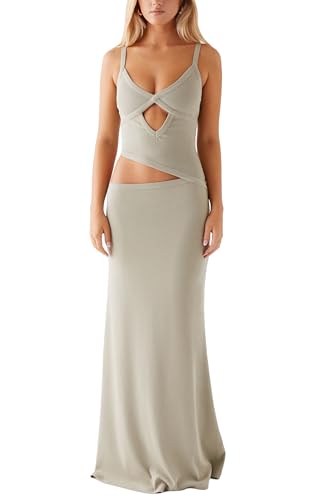 Image of NUFIWI Women Bodycon Spaghetti Strap Cutout Maxi Dress Hollow Sexy Fitted Dresses Sleeveless Stretch Slip Long Dress