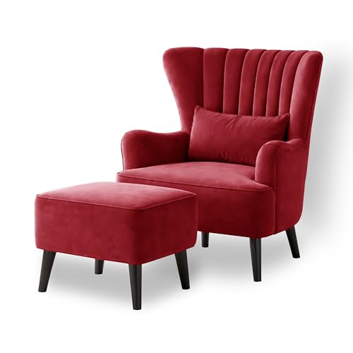 Image of Rosebell Velvet Accent Chair with Ottoman - Modern Upholstered Lounge Chair with High Back, Tufted Design & Comfortable Reading Chair for Living Room, Bedroom, Office-Red