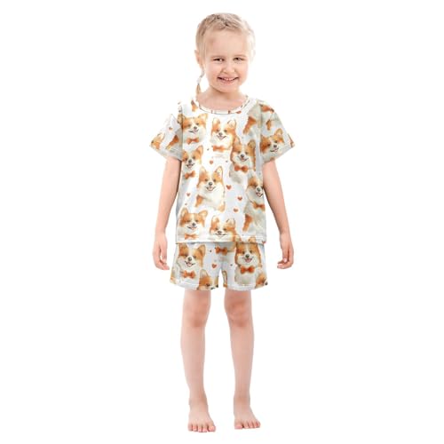 ALAZA Dog with Bow Tie Heart Pajamas Set Short Sleeve Cotton Sleepwear Summer Pjs 2 Piece 5-14Y3