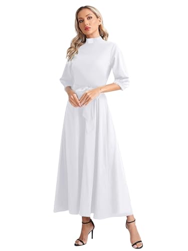 FEESHOW Women Church Dresses Mock Neck Clergy Gown Maxi Long Dress Work Wear Business Dress with Belt2