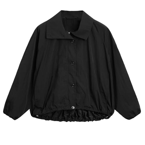 Women Bomber Jacket Casual Long Sleeve High Neck Zip Up Button Puff Fall Coats Lightweight Streetwear Outerwear