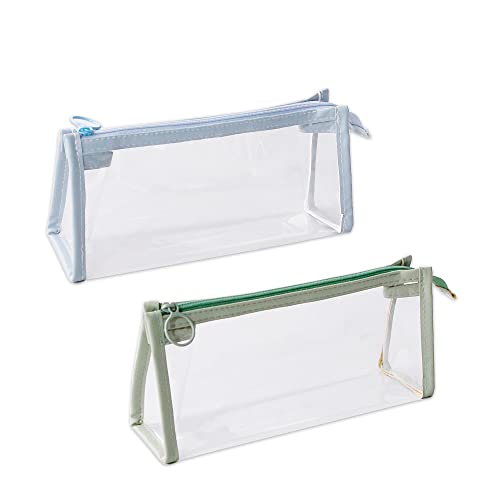 Zucng 2PCS Clear Pencil Cases, Clear Exam Pencil Case, Waterproof PVC Zippered Cosmetic Storage Pouch, Travel Luggage Pouch Make up Cosmetic Bag, Green&Blue, Pencil Cases