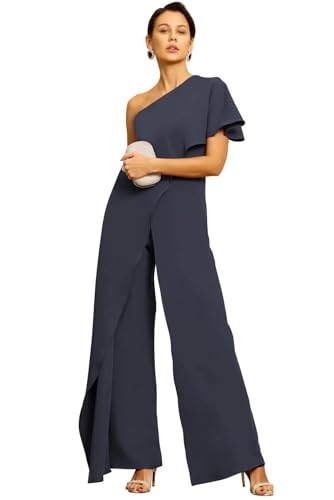 Women's One Shoulder Jumpsuit Ruffles Chiffon Mother of The Bride Pant Suits Wedding Guest Outfit Sets