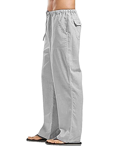 YAOHUOLE Pantaloni di lino da uomo Pantaloni da yoga casual allentati Pantaloni a gambe drit, grigio, XL