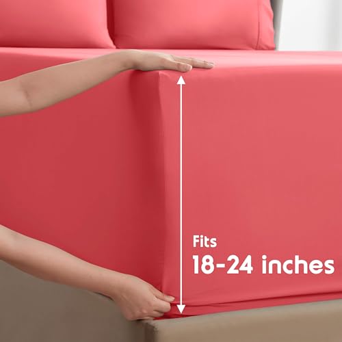 Image of Nestl Extra Deep Queen Sheet Set - 6 Piece Breathable & Cooling Sheets - Hotel Luxury Bedding Set w /18-24 Inch Deep Pockets - Easy & Secure Fit - Super Soft, Wrinkle Free & Comfy - Coral Pink