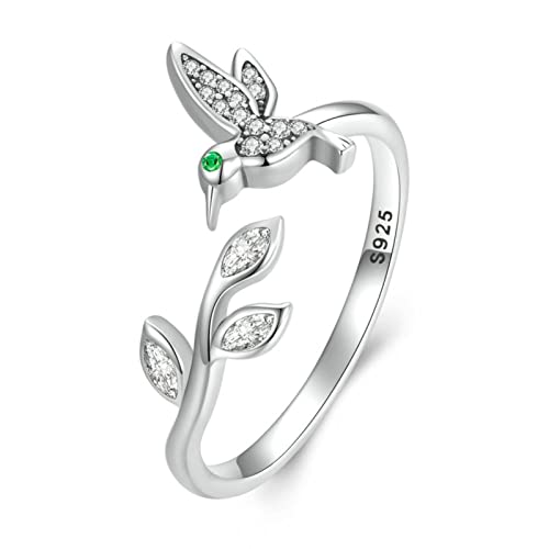 Anillo de plata 925, anillo de apertura de colibrí de plata esterlina 925 para mujer, anillo de eternidad con pavé brillante de circonita cúbica, joyería fina, regalo de cumpleaños