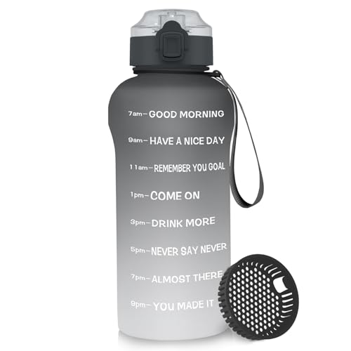 WEMEET Botella de agua de 2 l, botella deportiva a prueba de fugas con filtro de frutas, sin BPA, botella de agua con marcador de tiempo y escalas de volumen, botella deportiva para exterior, fitness