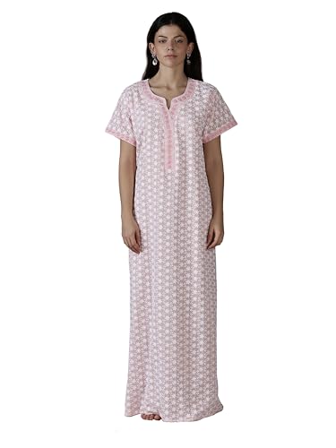 Image of 9shines Label Stylish Chikankari Cotton Nighty Maxi for Women | Full Length Nightgown | Nightdress with Pocket | Embroidery Nighty | Soft Comfortable Cotton Nightwear (1545)
