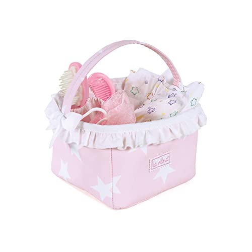 La Nina - Canastilla con complementos para muñecas, Color Rosa, 16 x 12 x 16 cm (Diset 62070)