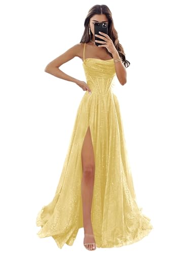 UCAZEUO Women Cowl Neck Yellow Prom Dresses for Teens 2025 Spaghetti Straps Glitter Tulle Sequin...