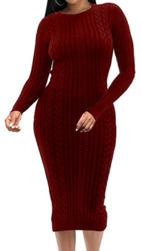 Image of Oxgmoky Women's Church Long Sleeve Sweater Dress Ribbed Bodycon Midi Work