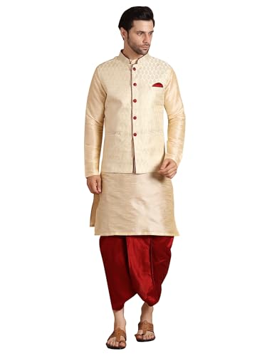 Image of Men's Silk Blend Solid Kurta Dhoti Set with Designer Ethnic Nehru Jacket
