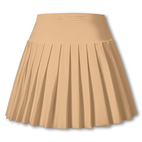 SANGTREE Girl's Quick Dry Pleated Tennis Skorts Skirts, High Waisted Cute Running Golf Athletic Mini Skirt with Shorts Pockets, Khaki, 13-14 Years = Tag 170 - Thumbnail 3