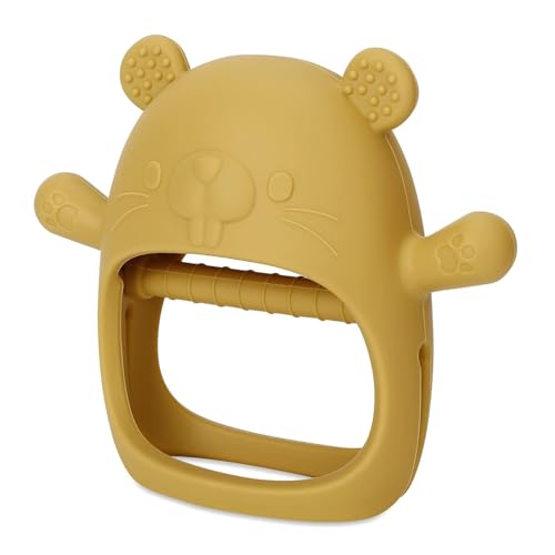 Image of PandaEar Silicone Baby Teething Toys| Baby Hand Teether Mitten for Sucking Needs| Chew Toys Hand Pacifier for Soothing Teething Pain Relief (Groundhog Yellow)