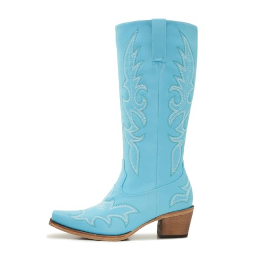 Image of Uillnoodu Women's Turquoise Cowgirl Boots - Wide Calf Mid Calf Western Boots Plus Size Embroidered Cowboy Style with Block Heel Size 10.5