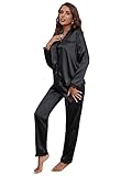DIDK Damen Satin Schlafanzug Set mit Spitzeneinsatz Langarm Nachwäsche Pyjama Set Zweiteiliger Hausanzug Sleepwear Sets Schwarz XL