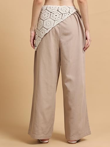 Image of Glam & Chique Women's 100% Cotton Wide Leg Trouser with Crochet Lace Waist & Drawstring-XS-2XL