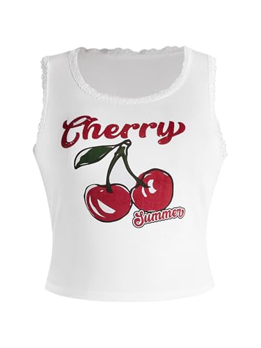 SHENHE Women's Plus Size Letter Cherry Print Lace Tank Top