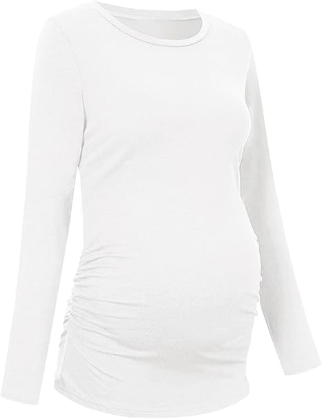 Saodimallsu Camiseta de maternidad de manga larga para mujer, camiseta de maternidad, cuello redondo, camiseta de embarazo, camiseta de verano transpirable, Blanco, M