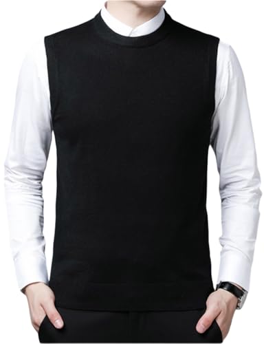 FULIER Chaleco sin mangas con cuello redondo para hombre, clásico, de negocios, de punto, suéter, cárdigans, camisetas sin mangas, Negro, S