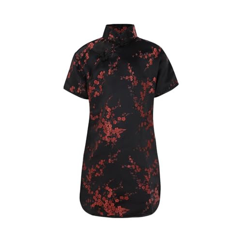 Vestido de manga corta para niños pequeños, cuello alto, estampado floral, cheongsam chino, vestido de Año Nuevo, vestido de vacaciones, vestido de muñeco de nieve para niñas grandes (negro, 7-8 años)