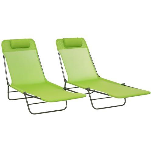 Outsunny 2 Piece Folding Chaise Lounge Chairs, Pool Sun Tanning Chairs with Reclining Back, Breathable Mesh Seat, Headrest for Beach, Yard, Patio, Green