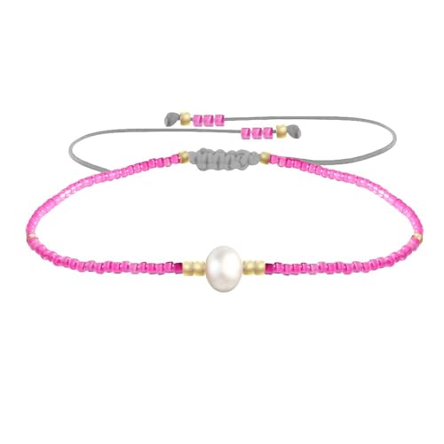 LES POULETTES BIJOUX - Armband Link Weiß Süßwasserperle und Kleine Glänzenden Perlen - Neon Pink