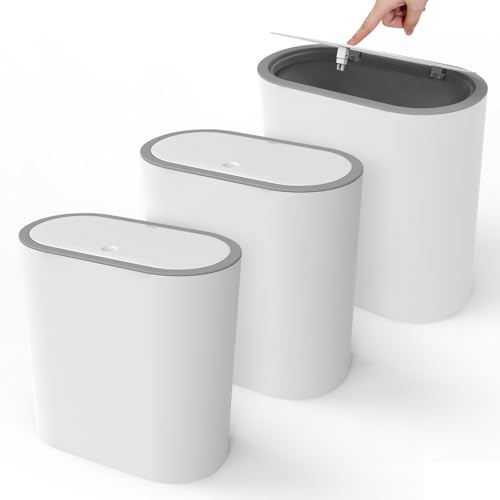 Image of Naisu 15 Liter Rectangular Plastic Trash Can Wastebasket with Press Type Lid,4 Gallon Slim Plastic Trash Bin, Trash Can Waste Bins for Bedroom, Bathroom, Office, Kitchen， Powder Room（White）