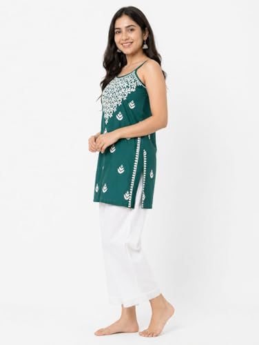 Image of Women's Chikankari Rayon Top Sleeveless Strappy Kurti | Embroidered A-Line Tunic for Women | Summer Ethnic Casual Wear Top with Spaghetti Straps