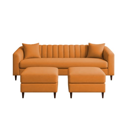 Image of Doraldo 3 Seater Sofa Set with 2 Ottoman for Living Room (Orange) Premium Fabric Sofa
