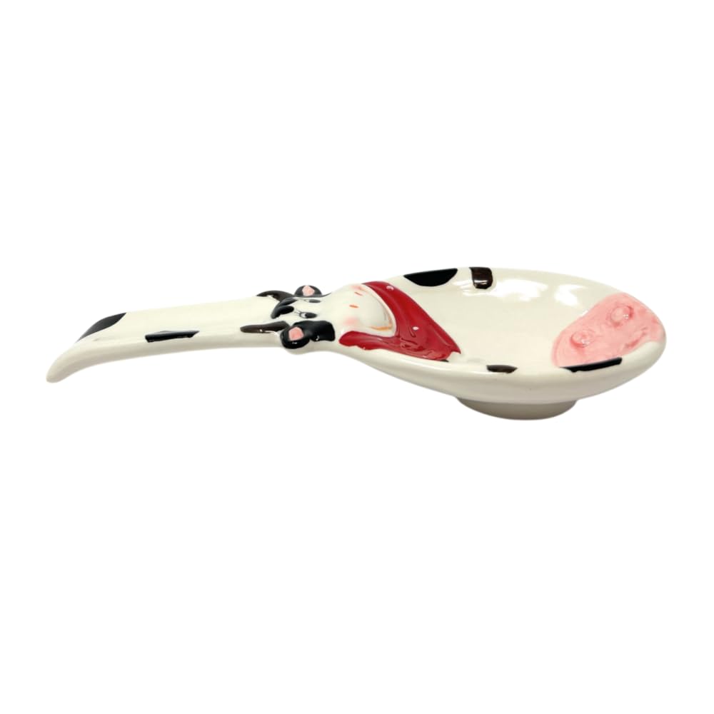 Ceramic Red Ribbon Cow Spoon Rest for Tables, Kitchen, and Restaurant, Painted a Cute Cow Illustration, a Great Complement to Any Kitchen Décor (1 Pack)