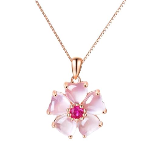 Pink Flower Pendant Necklace for Women CZ Crystal Floral Cherry Blossoms Dainty Choker Necklaces Gemstome Pink Love Heart Beautiful Artificial Stone Wedding Best Gift for Friends Lover Valentine's Day