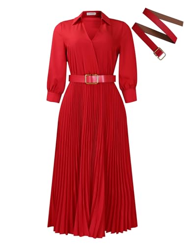 Image of Famnbro Womens Pleated Dress V Neck Long Sleeve A line Church Formal Works Business Dresses with Belt