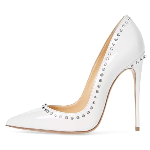 FSJ Women Pumps Pointed Toe High Heel Stilettos Rivets Studded Patent Leather Shoes Size 4-15 US2