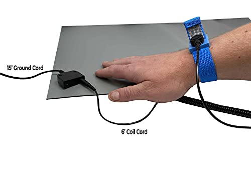 Image of RubberStat Dual Layer ESD Compliant Workstation Rubber Table Mat Kit, Soldering, Cell Phone Repair, with Wrist Strap Set and Ground Cord - 36 inchx36 inch Grey