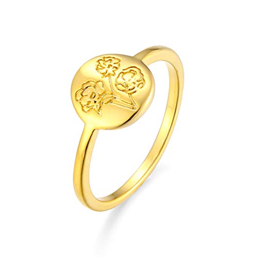 yfigo Handmade Flower Signet Ring -18K Gold Plated Ring Minimalistic Statement Ring with Botanical Engraved Delicate Personalized Jewelry Gift for Women/Girls