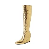 Generisch Damen Kniehohe Stiefel Mit Spitzkappe Keilabsatz Stretch Metallisch Glänzendem Stoff Seitigem Reißverschluss Für Party Nacht Ausgehen Streetwear,Gold,38.5 EU