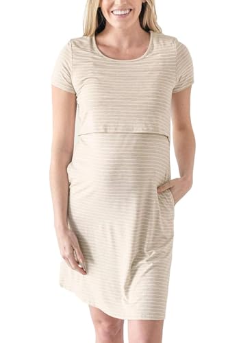 Image of Kindred Bravely Eleanora Ultra Soft Maternity Nursing Dress | Short Sleeve Breastfeeding Dress with Pockets (Oatmeal Stripe, Large)