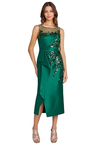 Satin Formal Cocktail Dress Tea Length Crew Neck Sleeveless Mother of The Bride Dresses for Women with Lace Appliqué