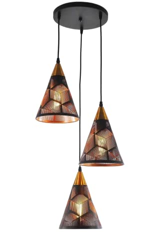 Image of Metal Leaser Cut Line Design Black and Gold Pendant Light Hanging Ceiling Lamp for Living Room, Kitchen, Restuarents, Cafe (Bulb Not Include) (Cluster Line Cut Cone)