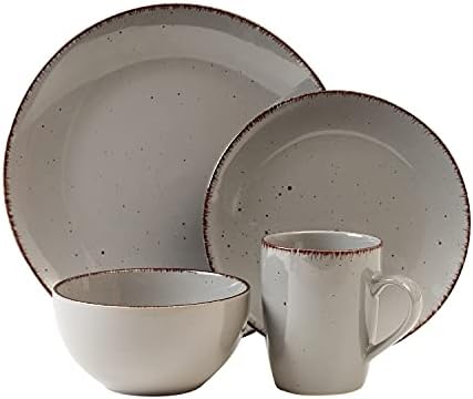 Safdie & Co. Utopia 16 Piece Dinnerware Set, Service for 4, Fiesta Dinnerware, home trends and home food network essentials, Stoneware dinner plates, Grey, 16" L x 12" W x 15" H