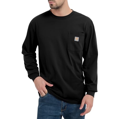 Kecols Mens Loose Fit Heavyweight Work Long Sleeve T-Shirts Comfort Pocket Tee - Tall & Regular (Black-XXL)