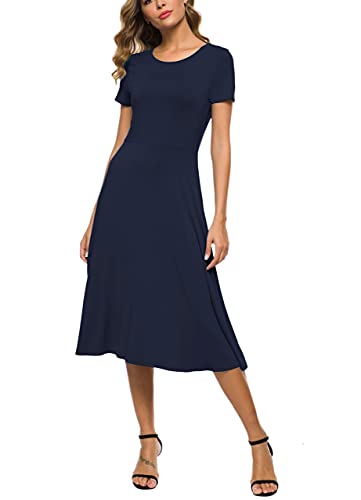 Image of EXCHIC Women's Casual Round Neck Short Sleeve Midi Dress Solid Stretchy Waist Knee Long Dress